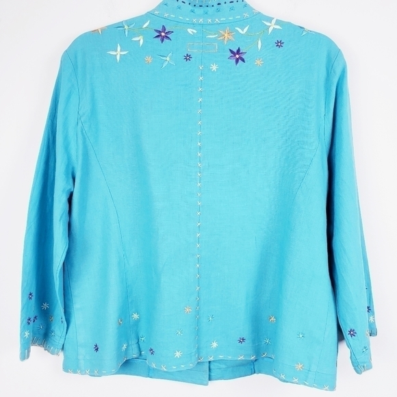 Design‎ Exchange -  Linen Blend Turquoise Floral Embroidered Jacket Size Large - Picture 2 of 6